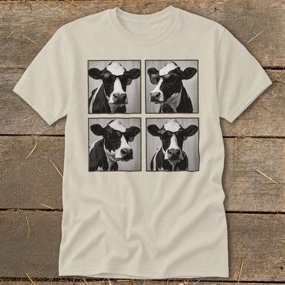 Four black and white portraits of cows wearing sunglasses arranged in a grid.