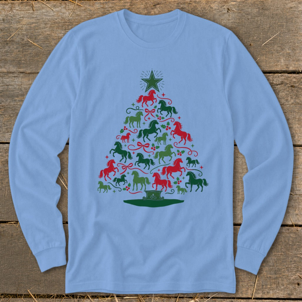 Light blue long-sleeve shirt with a Christmas tree design made of red and green horses.