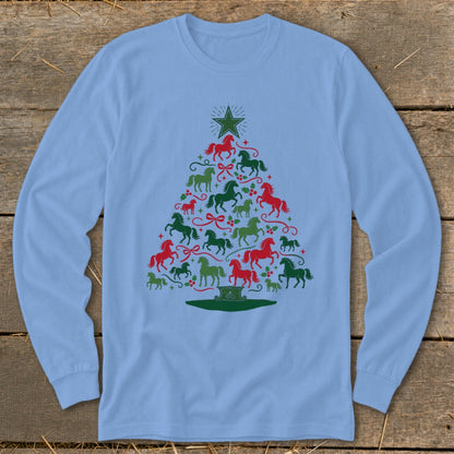 Light blue long-sleeve shirt with a Christmas tree design made of red and green horses.