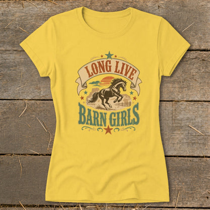 Yellow t-shirt with "Long Live Barn Girls" text and horse graphic.