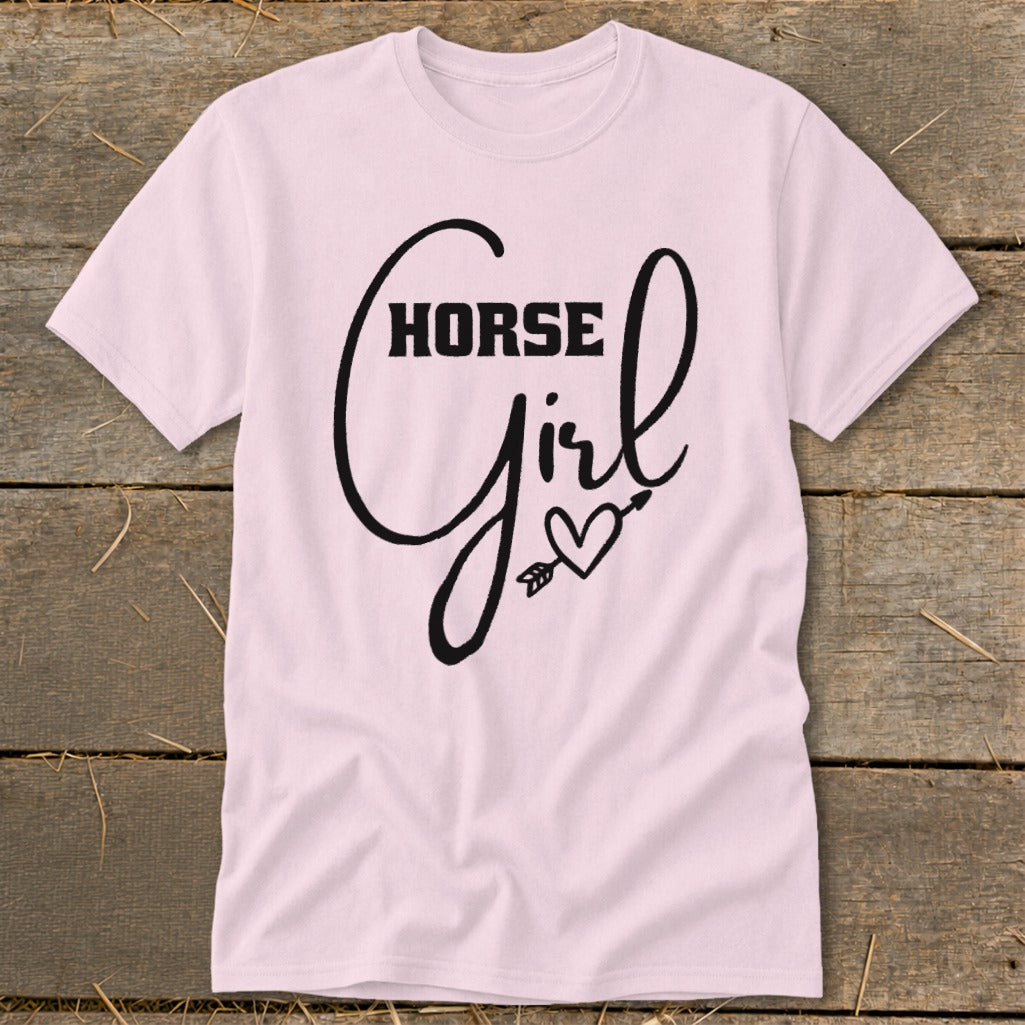 Pink t-shirt with "HORSE Girl" text and heart with arrow graphic.