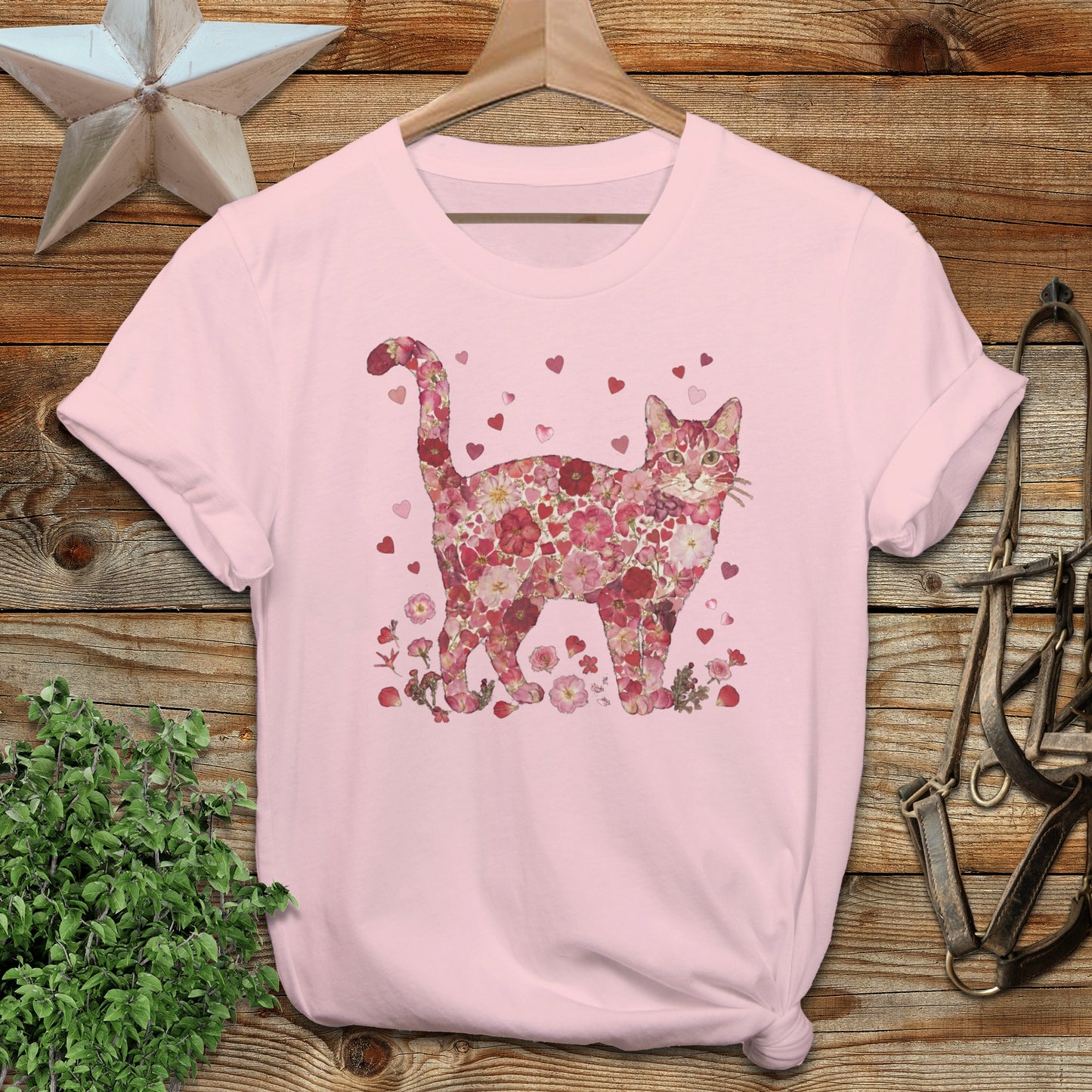 Floral Cat Design with Heart Accents T-Shirt Product