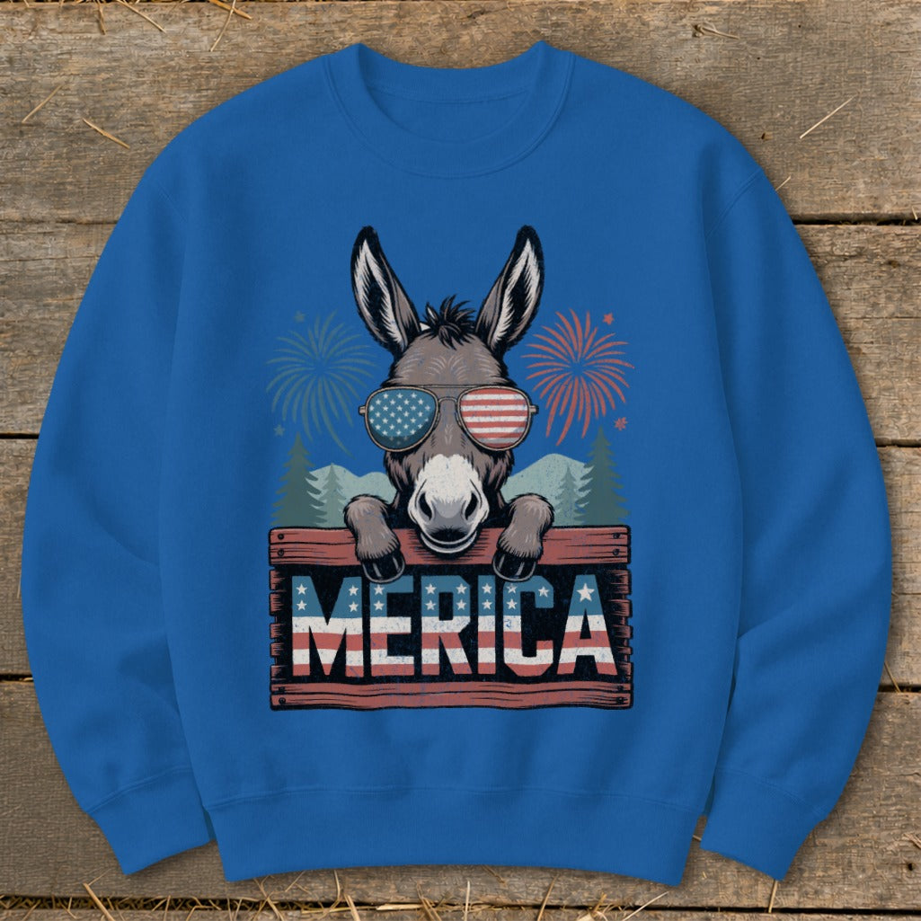 Donkey wearing American flag sunglasses on a wooden sign with "MERICA" and fireworks.