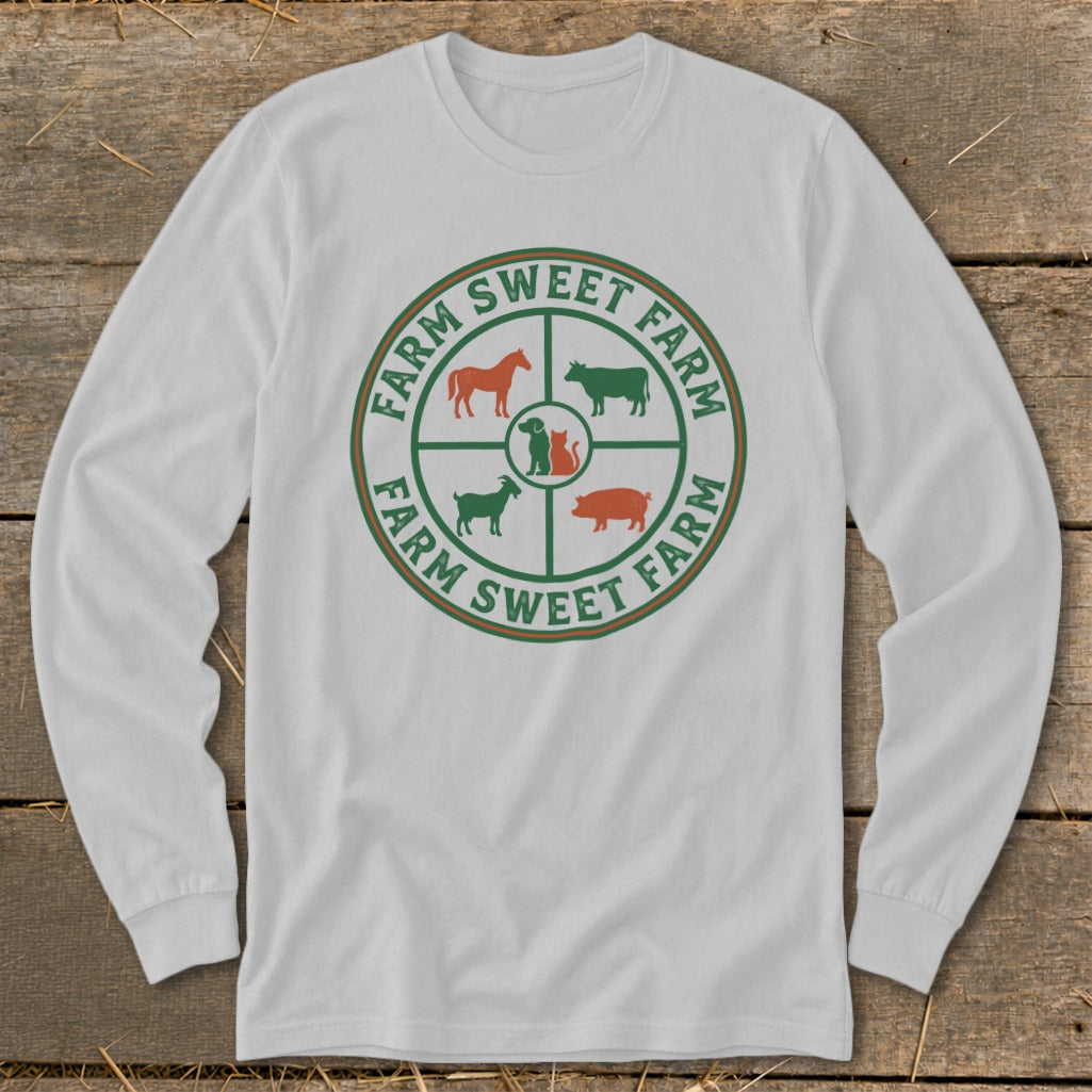 White long-sleeve shirt with circular farm animal logo and "Farm Sweet Farm" text.
