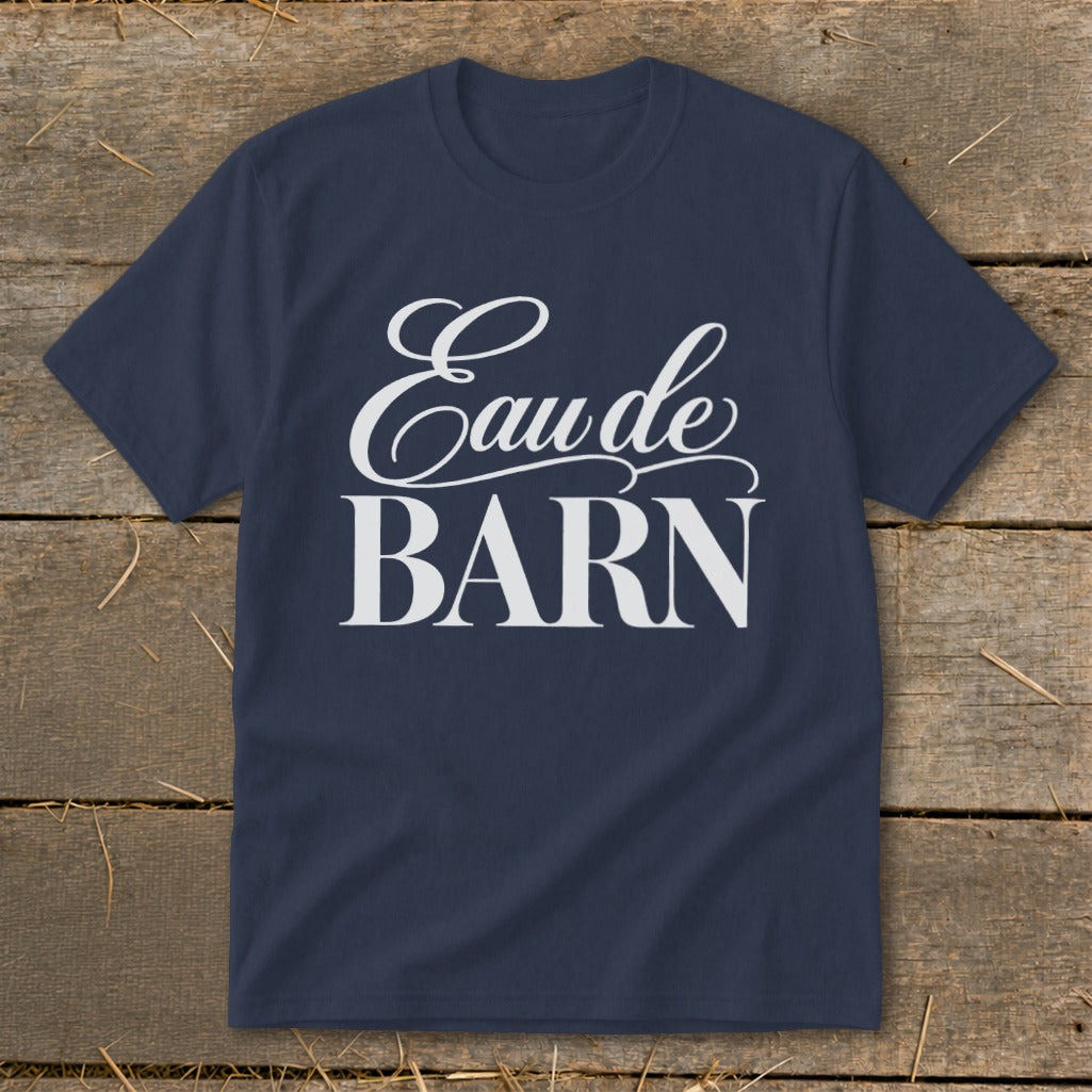 Navy blue t-shirt with white text "Eau de BARN"