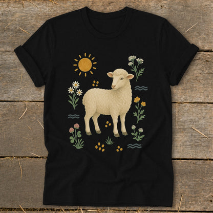 Black t-shirt with a cream sheep surrounded by a sun, flowers, and wavy lines.