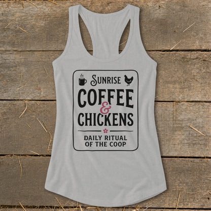 Gray tank top with "Sunrise Coffee & Chickens Daily Ritual of the Coop" graphic.