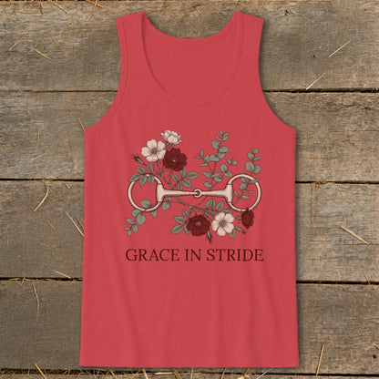 Coral tank top with horse bit and floral design, text reads "GRACE IN STRIDE".