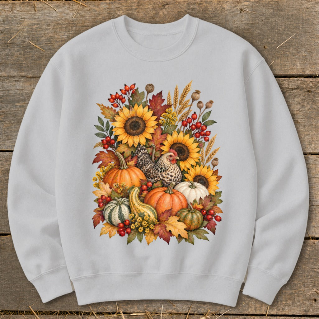 Light grey sweatshirt with a watercolor fall harvest design featuring sunflowers, pumpkins, gourds, and chickens.