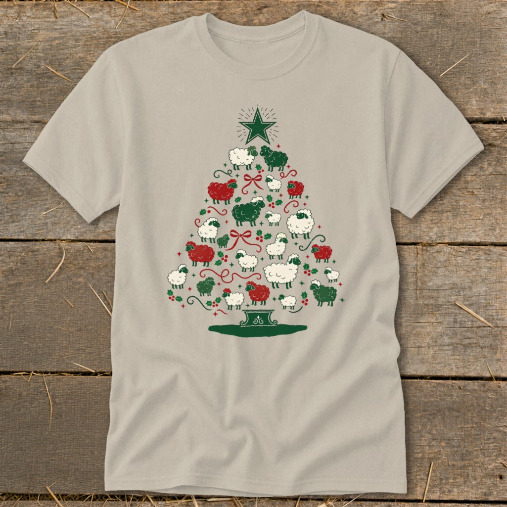 Light tan t-shirt with a Christmas tree formed by white, red, and green sheep.
