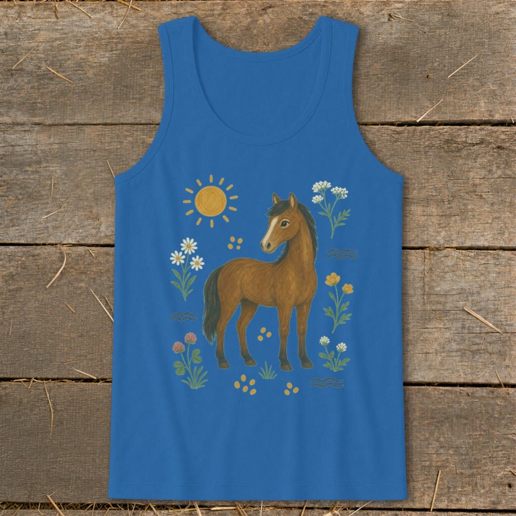 Blue tank top with brown horse and wildflowers graphic print.