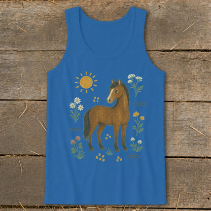 Blue tank top with brown horse and wildflowers graphic print.