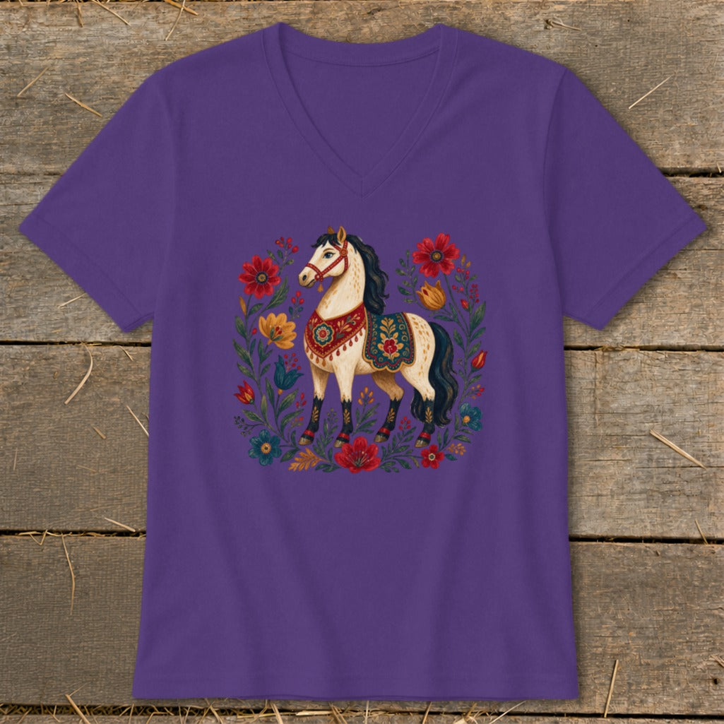 Purple v-neck t-shirt with a detailed illustration of a horse surrounded by colorful flowers.