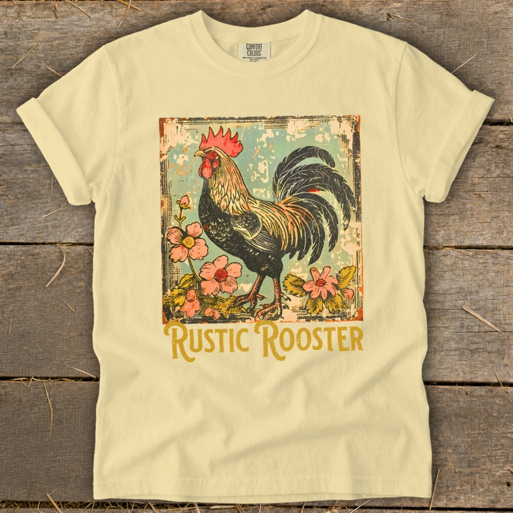 Cream t-shirt with vintage rooster and flowers graphic.