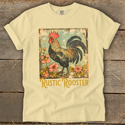 Cream t-shirt with vintage rooster and flowers graphic.