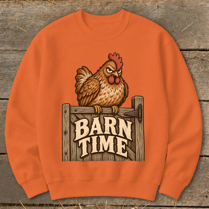 Orange sweatshirt with a cartoon chicken perched on a wooden gate reading "Barn Time".
