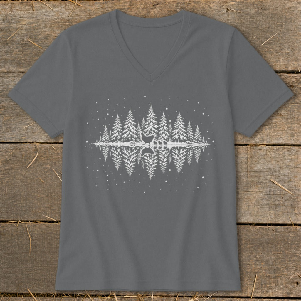 Grey v-neck t-shirt with a white forest and deer silhouette reflected in water.