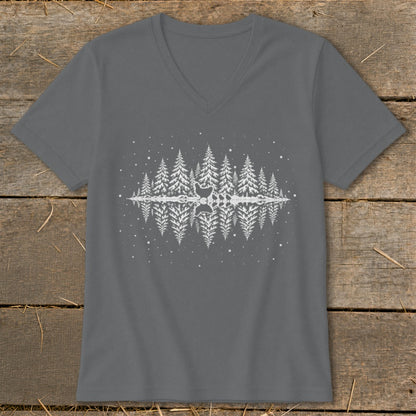 Grey v-neck t-shirt with a white forest and deer silhouette reflected in water.