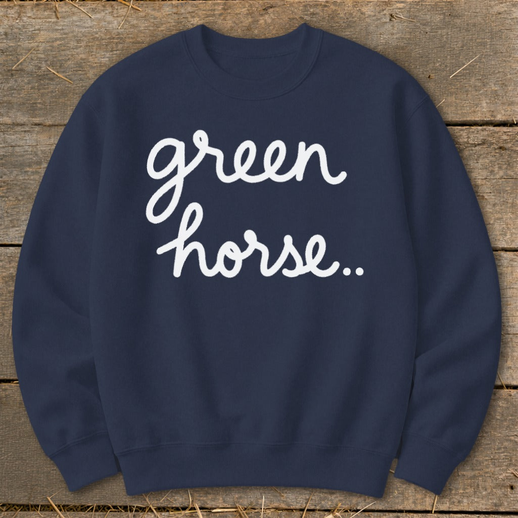 Navy sweatshirt with white script text reading "green horse..".