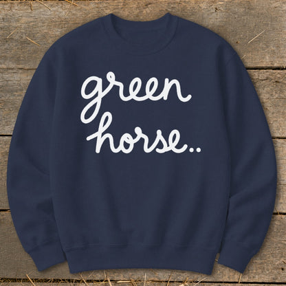 Navy sweatshirt with white script text reading "green horse..".