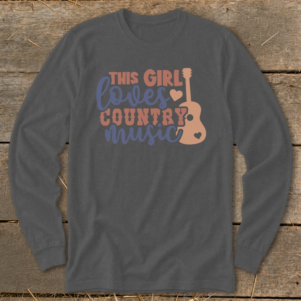 Dark gray long sleeve shirt with "This Girl Loves Country Music" text and guitar graphic.