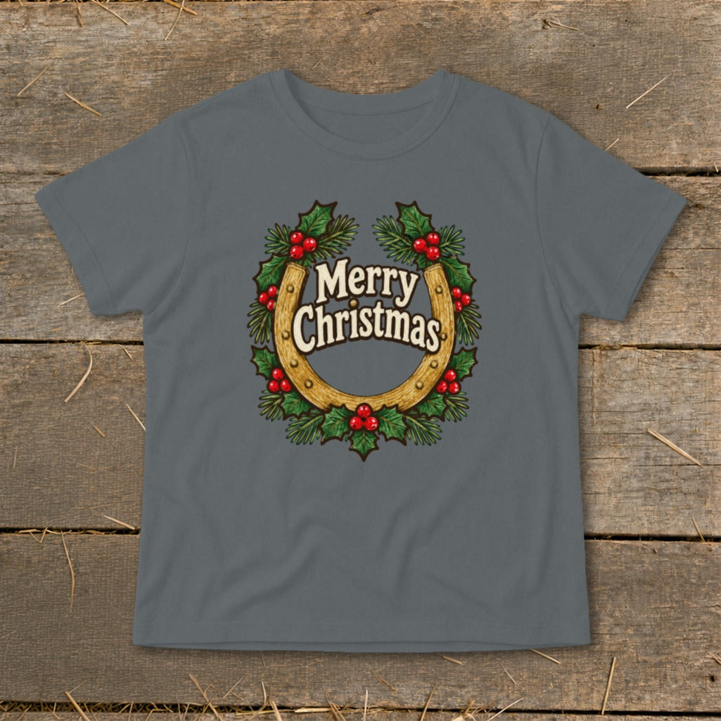 Grey t-shirt with a horseshoe, holly, berries, and "Merry Christmas" text design.