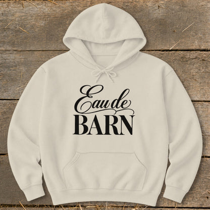 Cream hoodie with black "Eau de BARN" text on chest.