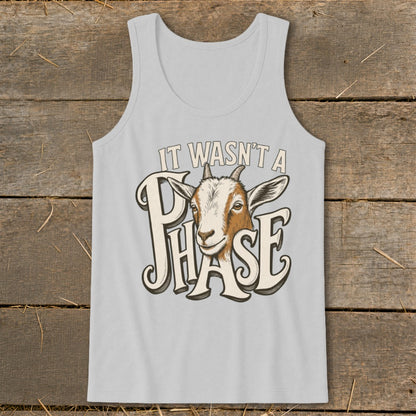 Light gray tank top with goat graphic and text "IT WASN'T A PHASE".