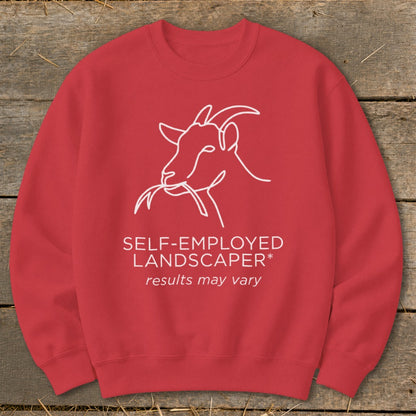 Red sweatshirt with white line drawing of a goat and text.