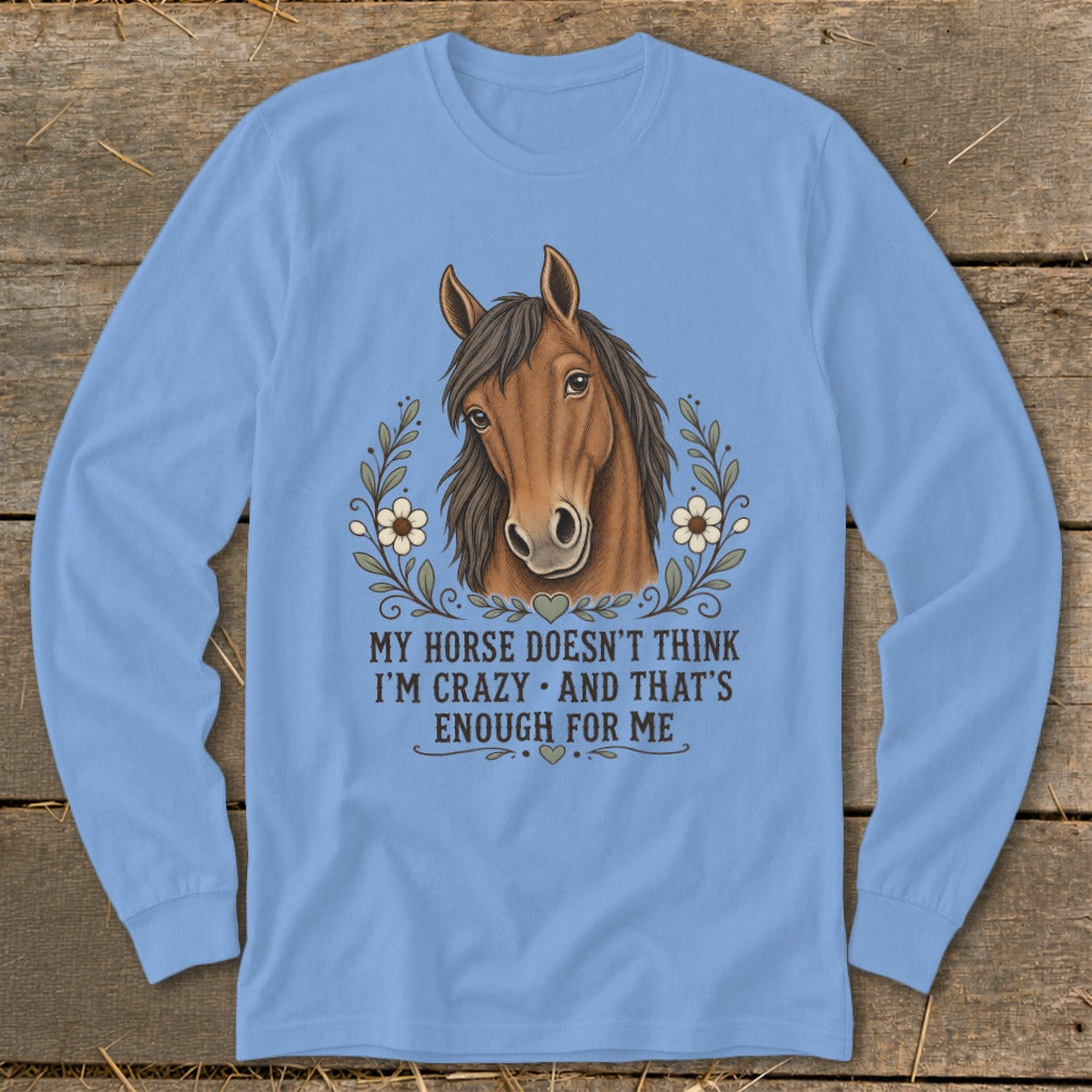 Light blue long-sleeve shirt with horse graphic and text: "My horse doesn't think I'm crazy and that's enough for me."