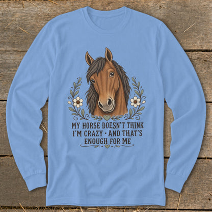 Light blue long-sleeve shirt with horse graphic and text: "My horse doesn't think I'm crazy and that's enough for me."