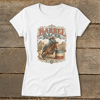 Barrel racer on horseback with a barrel in a desert landscape, text "Barrel Racer".