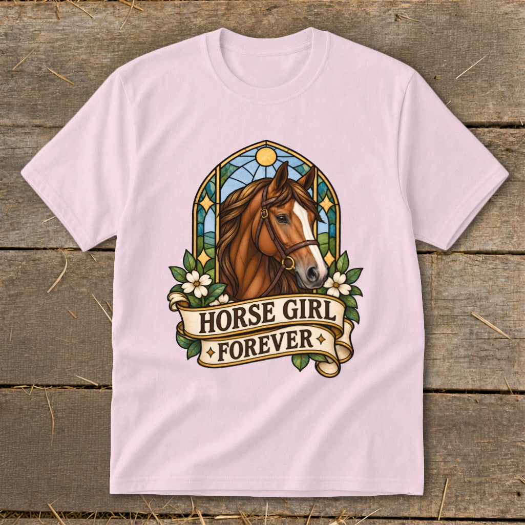 Pink t-shirt with a stained-glass design featuring a horse and "Horse Girl Forever" text.