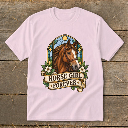 Pink t-shirt with a stained-glass design featuring a horse and "Horse Girl Forever" text.