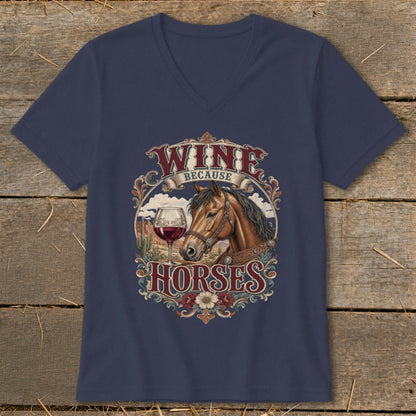 Dark blue t-shirt with "Wine Because Horses" graphic featuring a horse and wine glass.