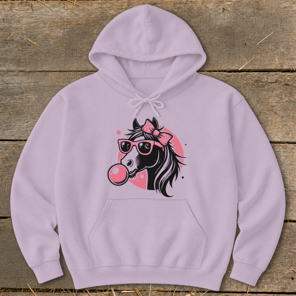 Lavender hoodie with a black horse wearing sunglasses and blowing bubblegum.