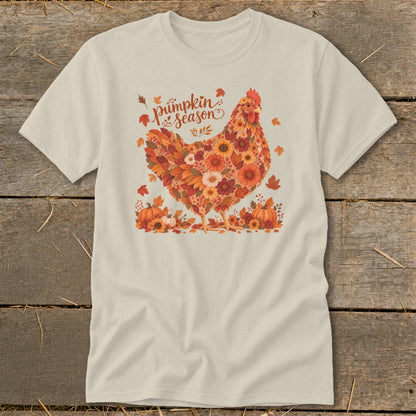 T-shirt with floral chicken and pumpkins, featuring "pumpkin season" text.