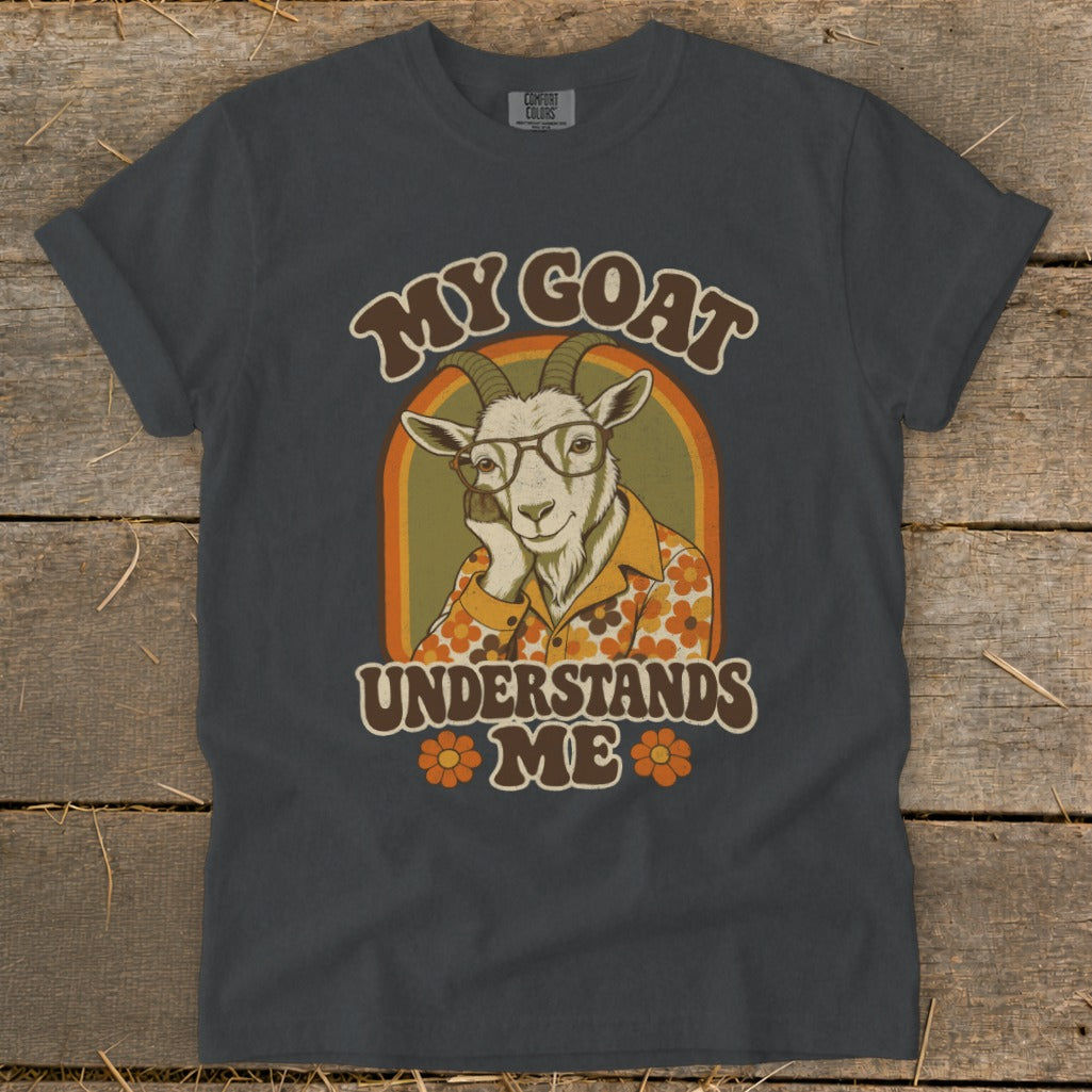 T-shirt with retro graphic of a goat wearing glasses and text "MY GOAT UNDERSTANDS ME."