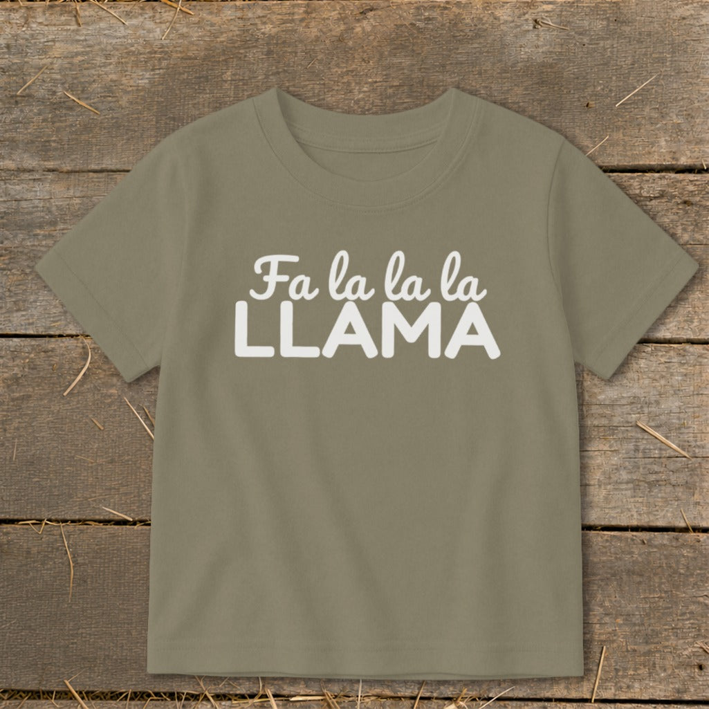 T-shirt with "Fa la la la LLAMA" text in white on a khaki background.