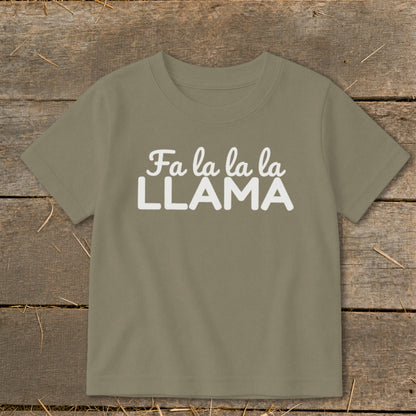 T-shirt with "Fa la la la LLAMA" text in white on a khaki background.