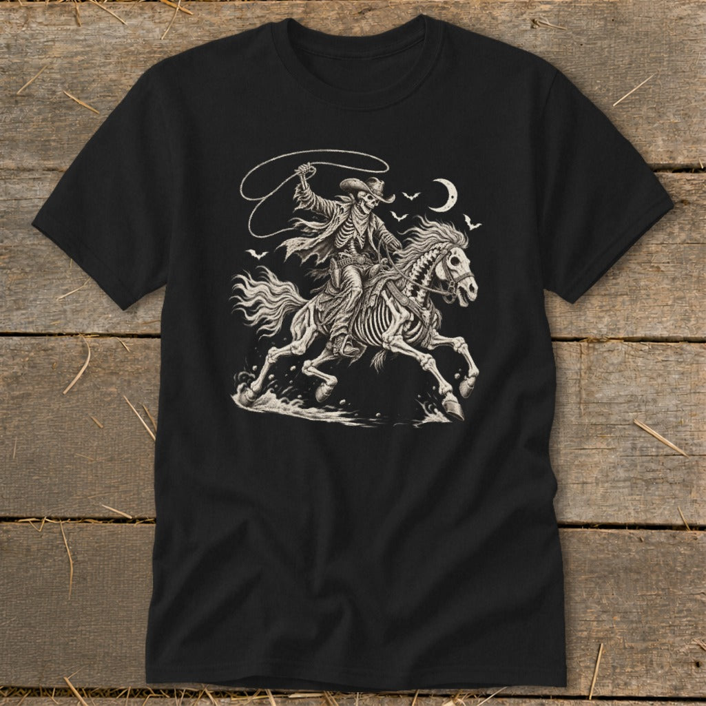 Black t-shirt with a skeleton cowboy on horseback, holding a lasso, under a crescent moon.