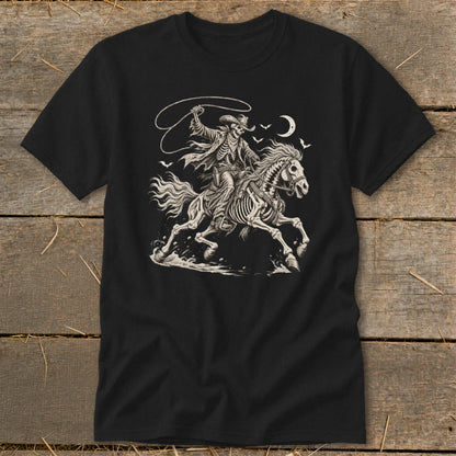 Black t-shirt with a skeleton cowboy on horseback, holding a lasso, under a crescent moon.