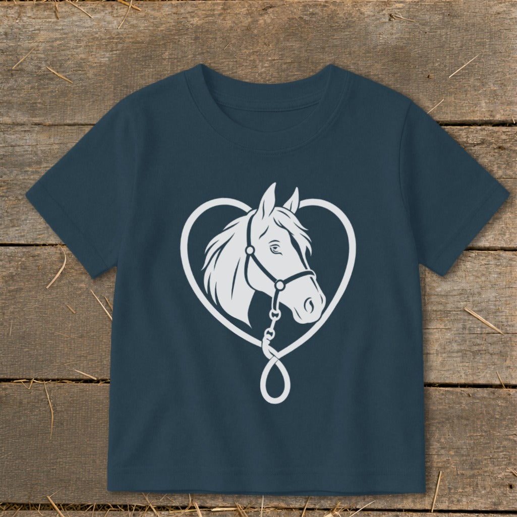 Dark blue t-shirt featuring a white graphic of a horse's head framed by a heart shape.
