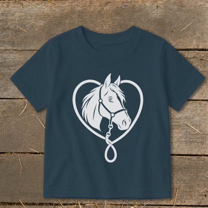 Dark blue t-shirt featuring a white graphic of a horse's head framed by a heart shape.