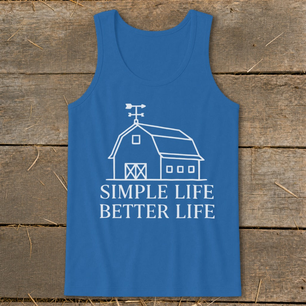Blue tank top with white barn graphic and text "SIMPLE LIFE BETTER LIFE".