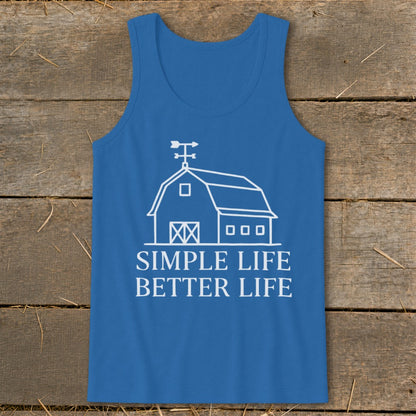 Blue tank top with white barn graphic and text "SIMPLE LIFE BETTER LIFE".