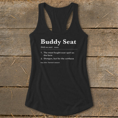 Black tank top with "Buddy Seat" definition about farm and harvest season.