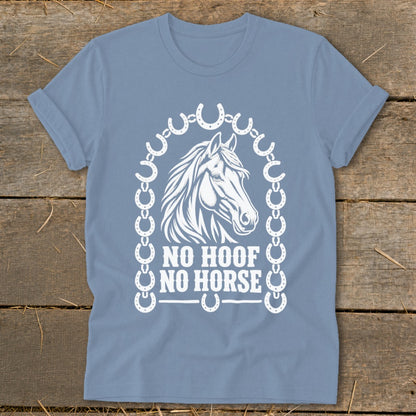 Light blue t-shirt with white horse graphic and "No Hoof No Horse" text.