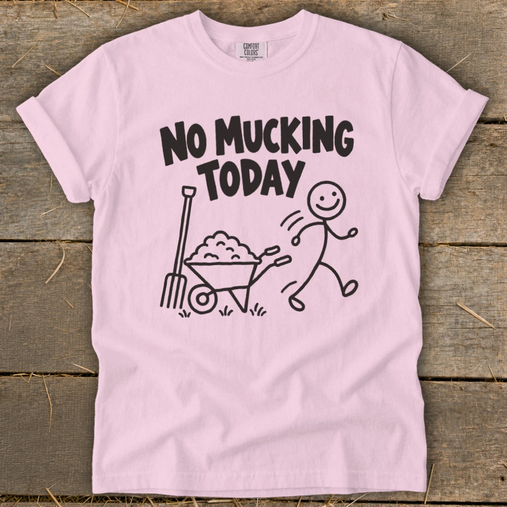 Pink t-shirt with black text "NO MUCKING TODAY" and cartoon graphics.