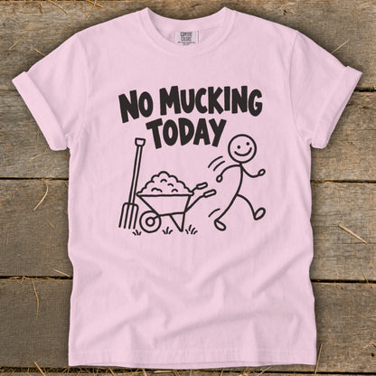 Pink t-shirt with black text "NO MUCKING TODAY" and cartoon graphics.